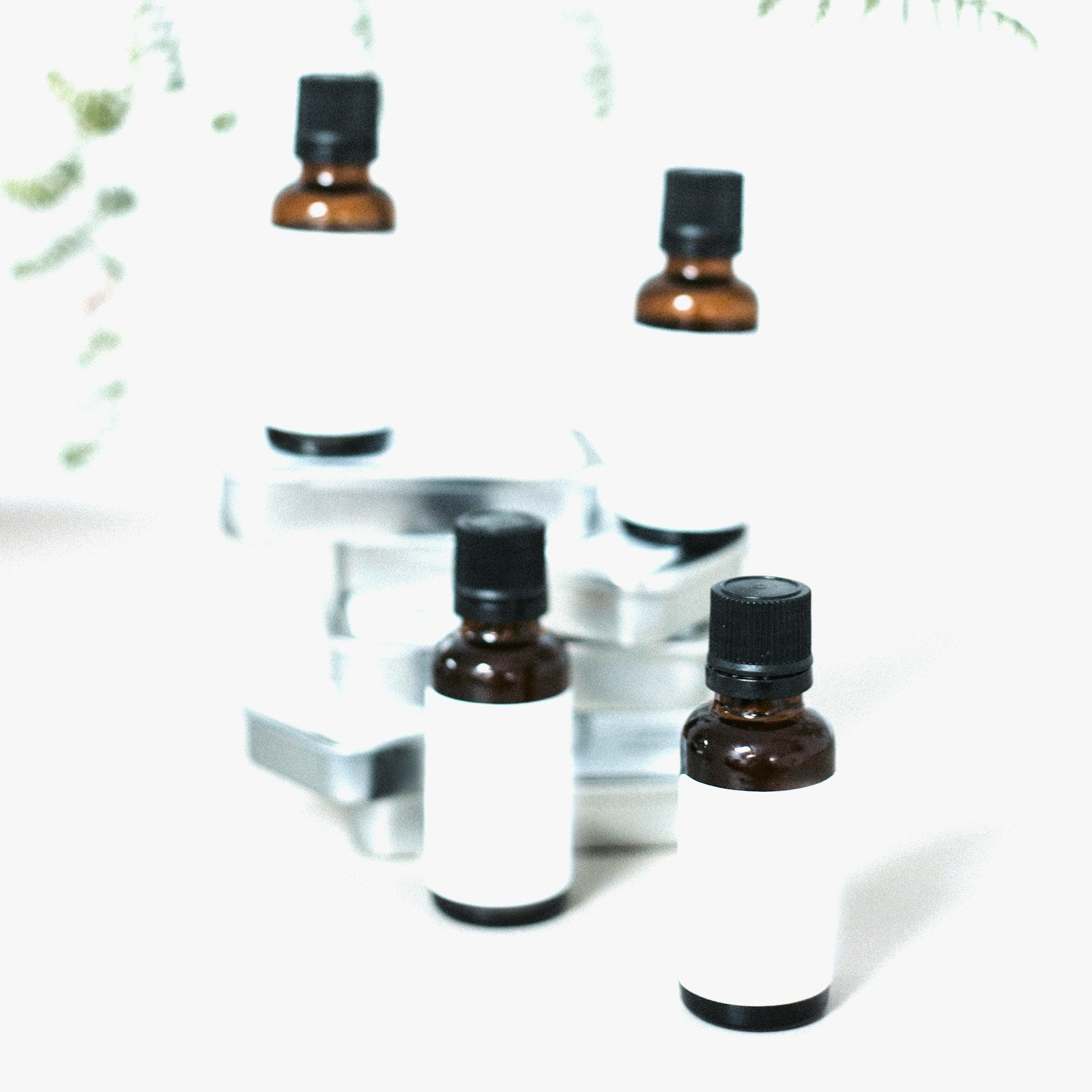 Geranium essential oil in amber dropper bottles on a white studio background