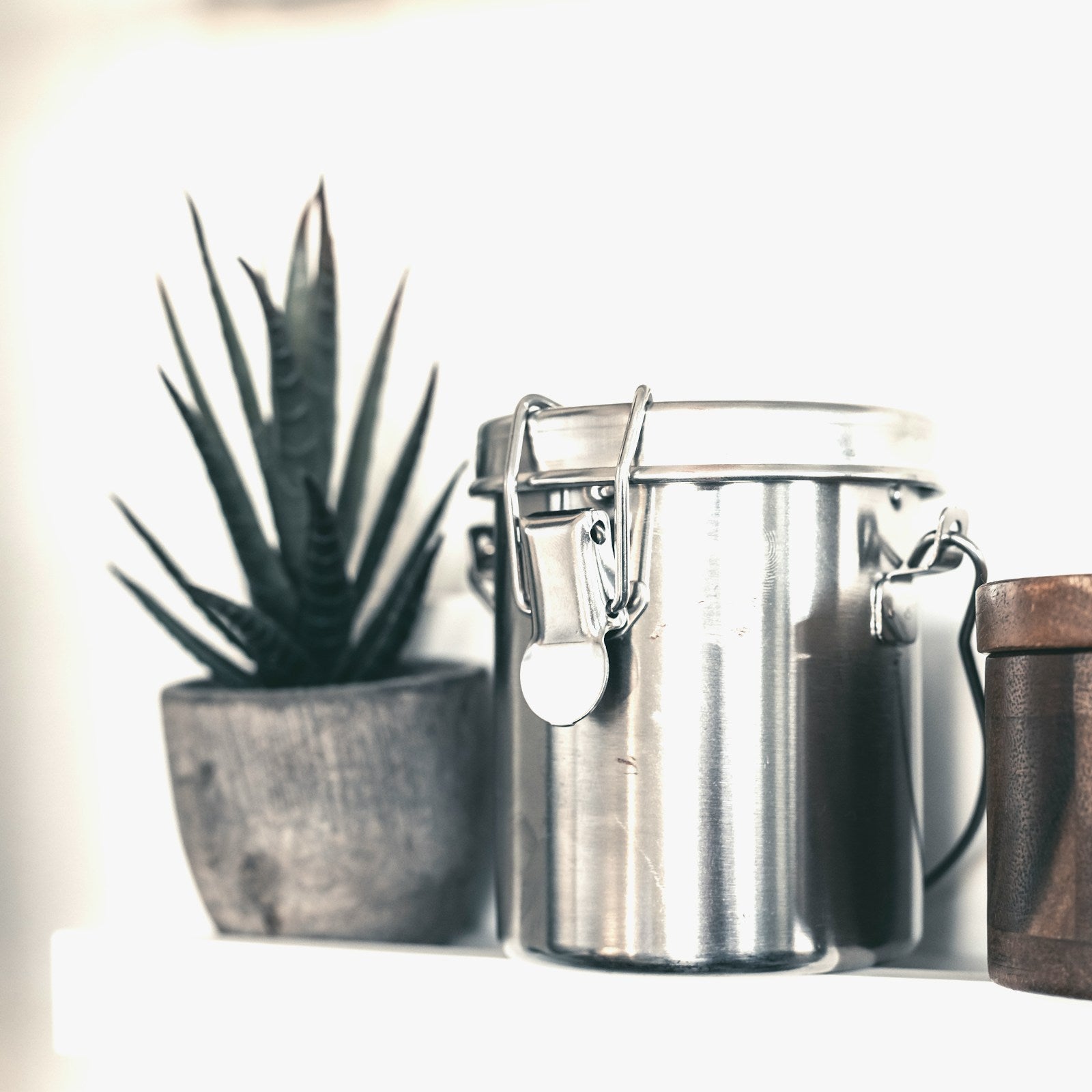Stainless steel lunch container with clip lid on a light background